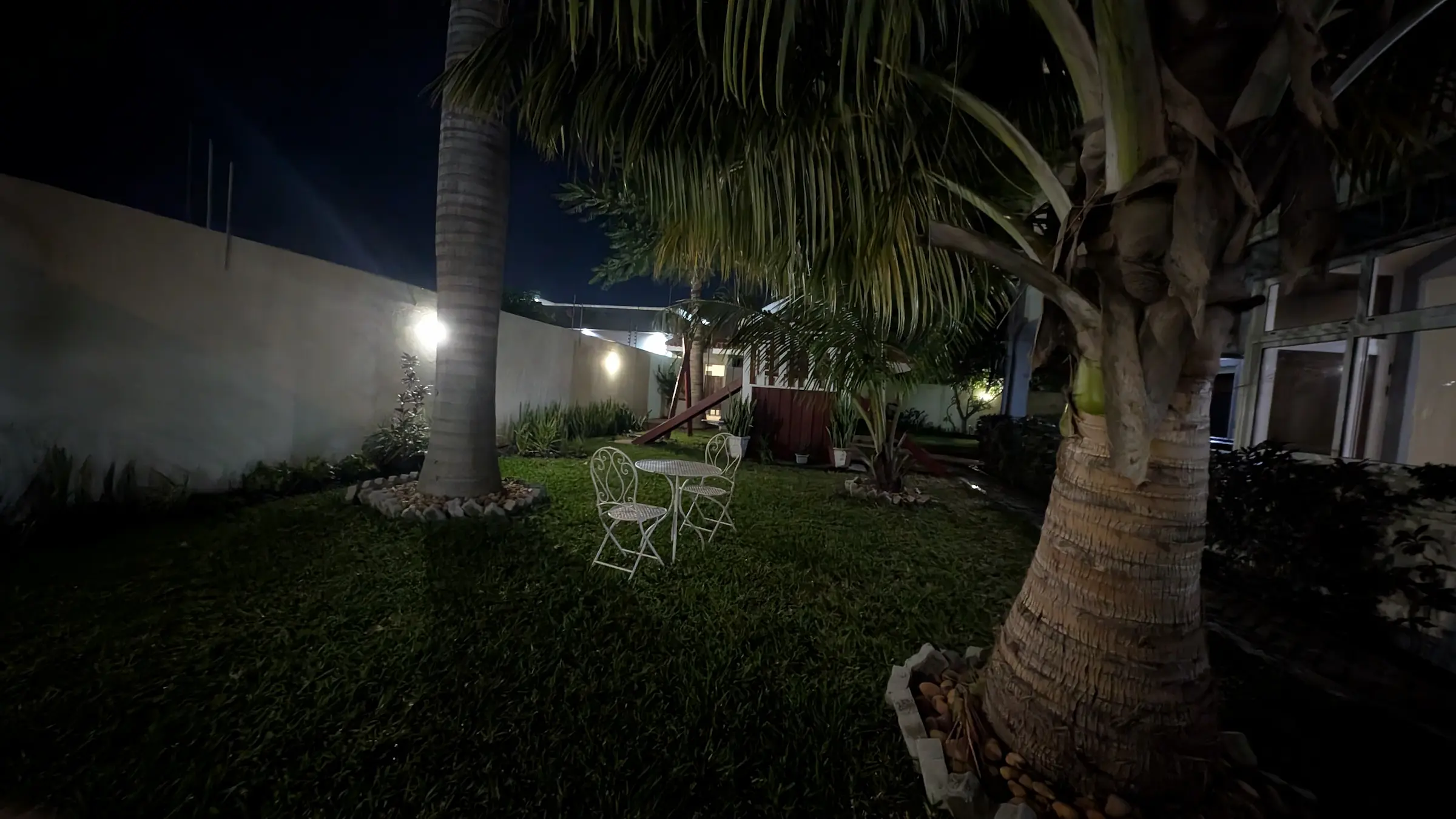 Nighttime garden with palm trees and white table.
